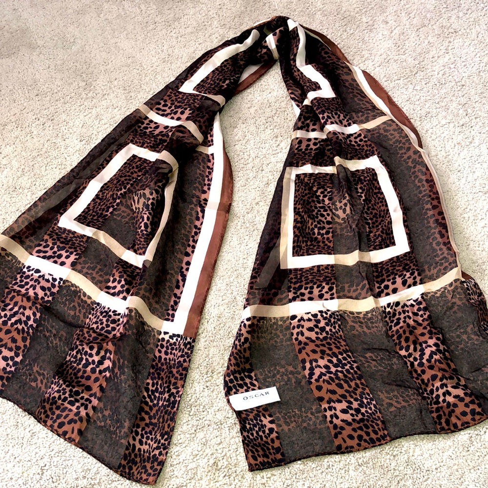 oscar de la renta vintage silk scarf brown beige tan Black print